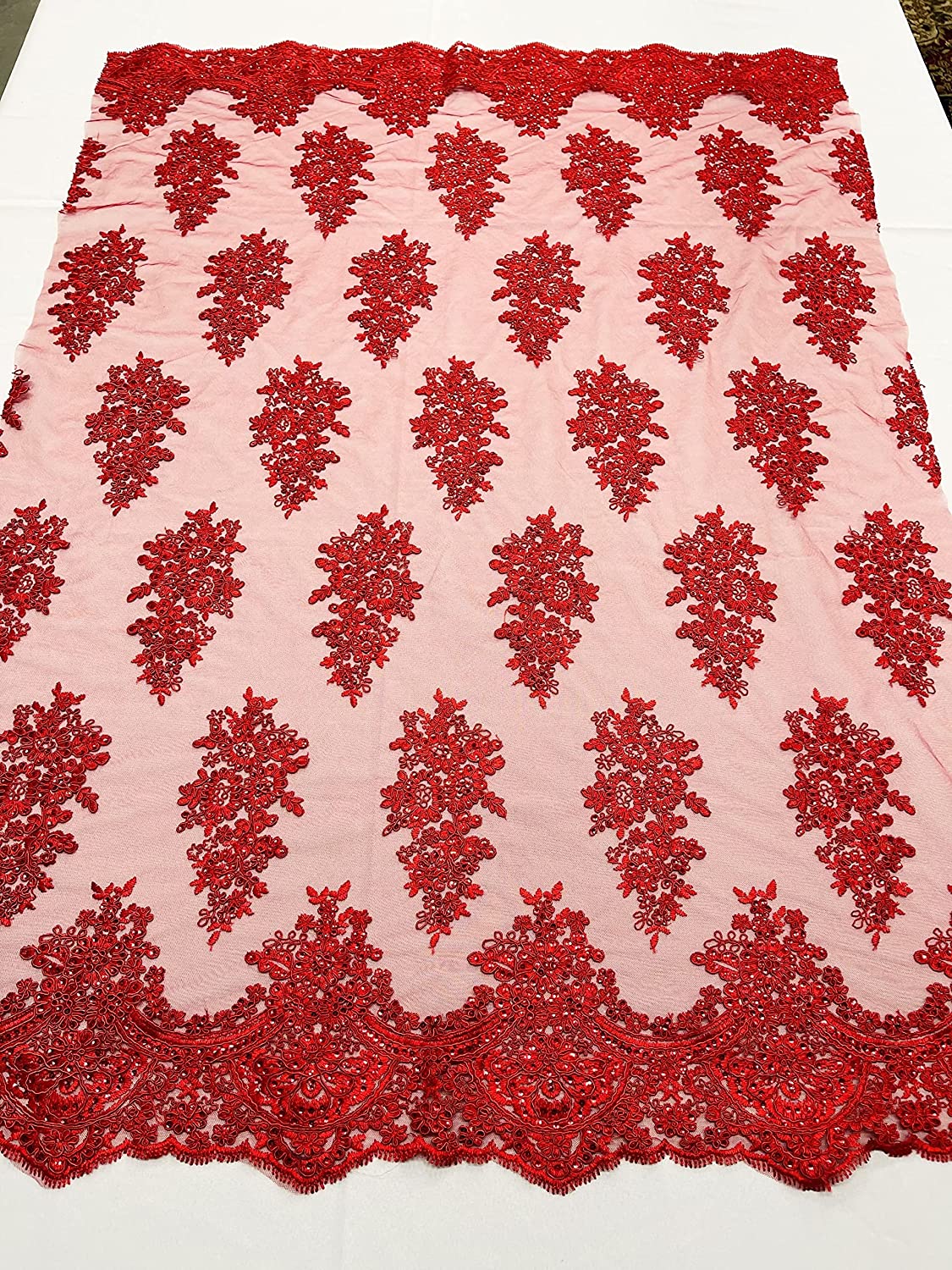 52/58" Wide Lexxi Embroidered with Clear Sequins On A Mesh Lace Fabric, Prom Fabric by The Yard (1 Yard, Red)