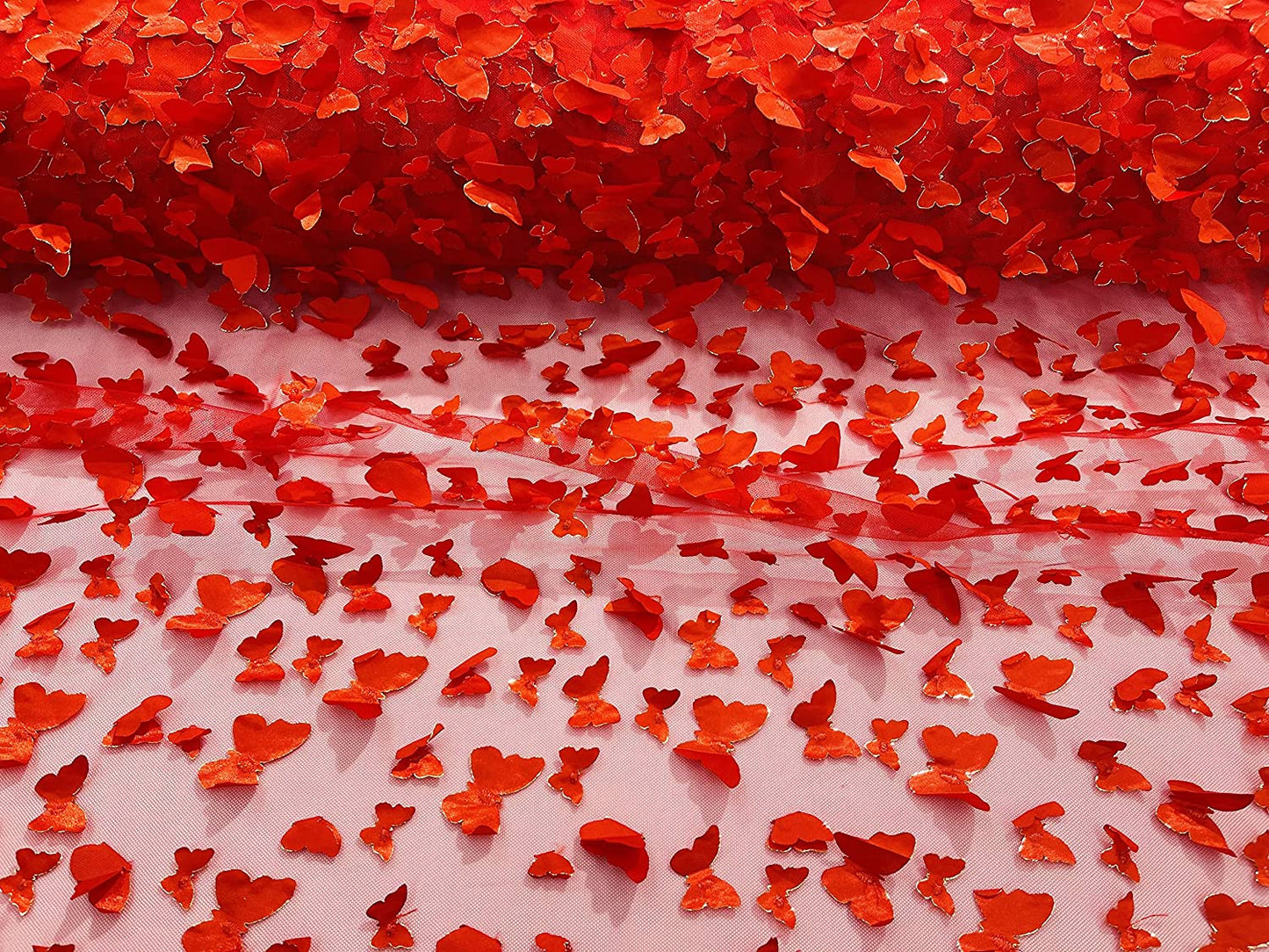 Metallic Edge 3-D Butterfly Design Embroidered On A Mesh Fabric (1 Yard, Red)