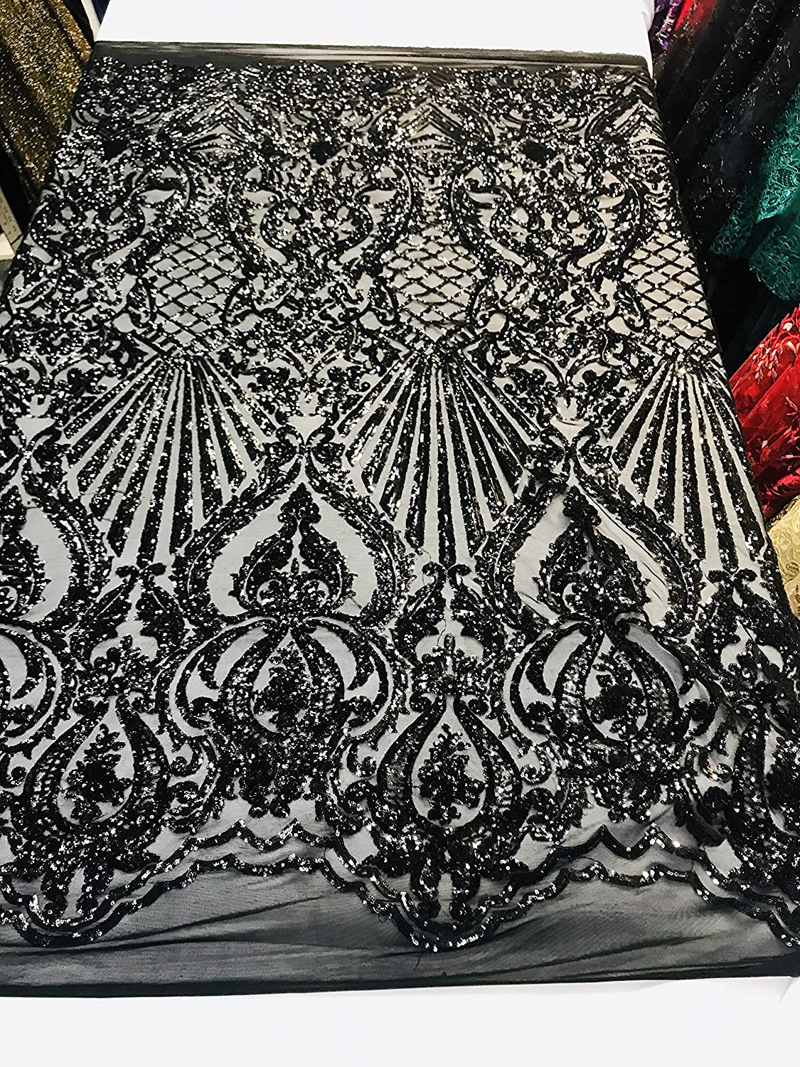 Damask Sequins Design on a 4 Way Stretch Mesh Fabric - for Night Gowns - Prom Dresses - (Black on Black, 1 Yard)