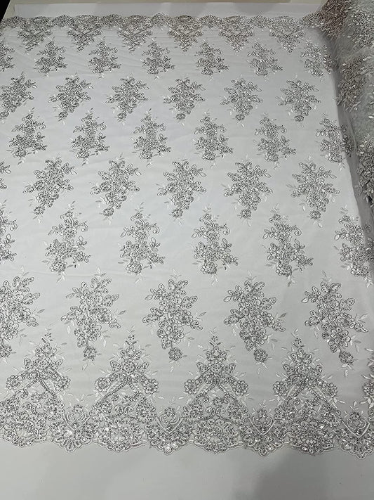 50" Wide Floral Design Embroidery On A Mesh Lace with Sequins and Cord Fabric (1 Yard, White/Silver Metallic)