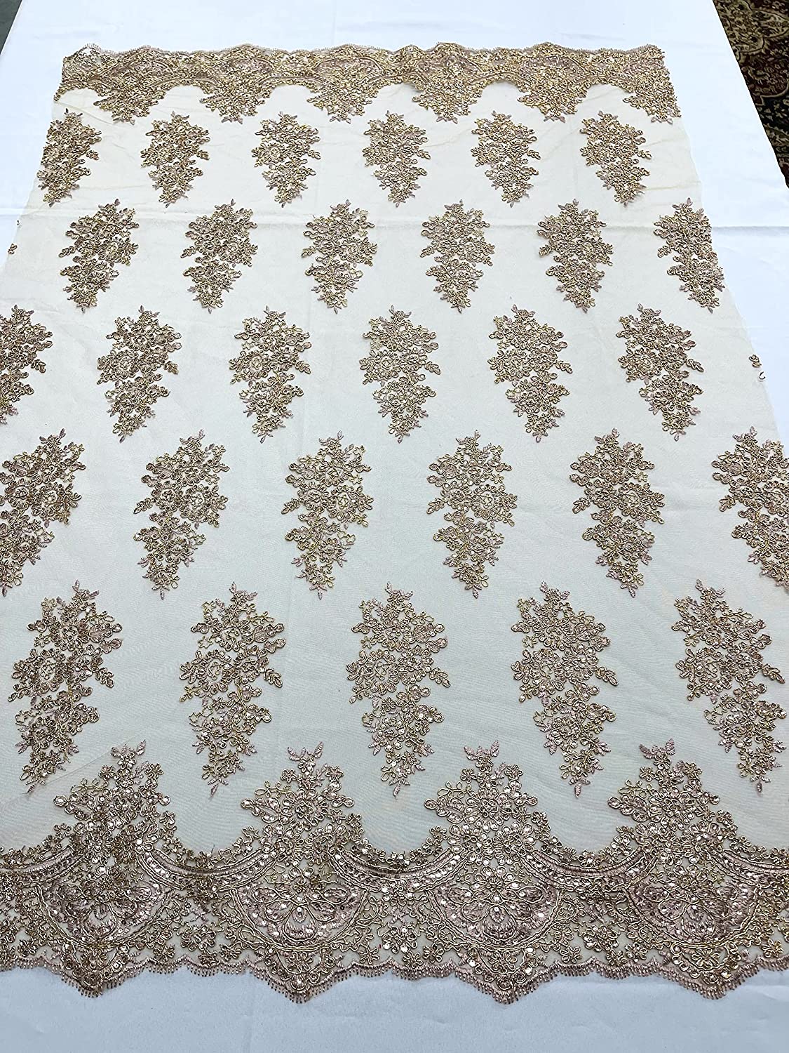 52/58" Wide Lexxi Embroidered with Clear Sequins On A Mesh Lace Fabric, Prom Fabric by The Yard (1 Yard, Rose Gold)