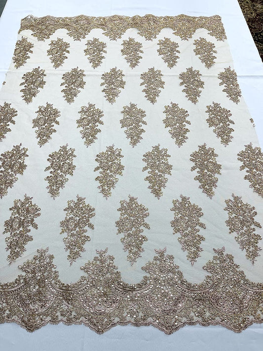 52/58" Wide Lexxi Embroidered with Clear Sequins On A Mesh Lace Fabric, Prom Fabric by The Yard (1 Yard, Rose Gold)