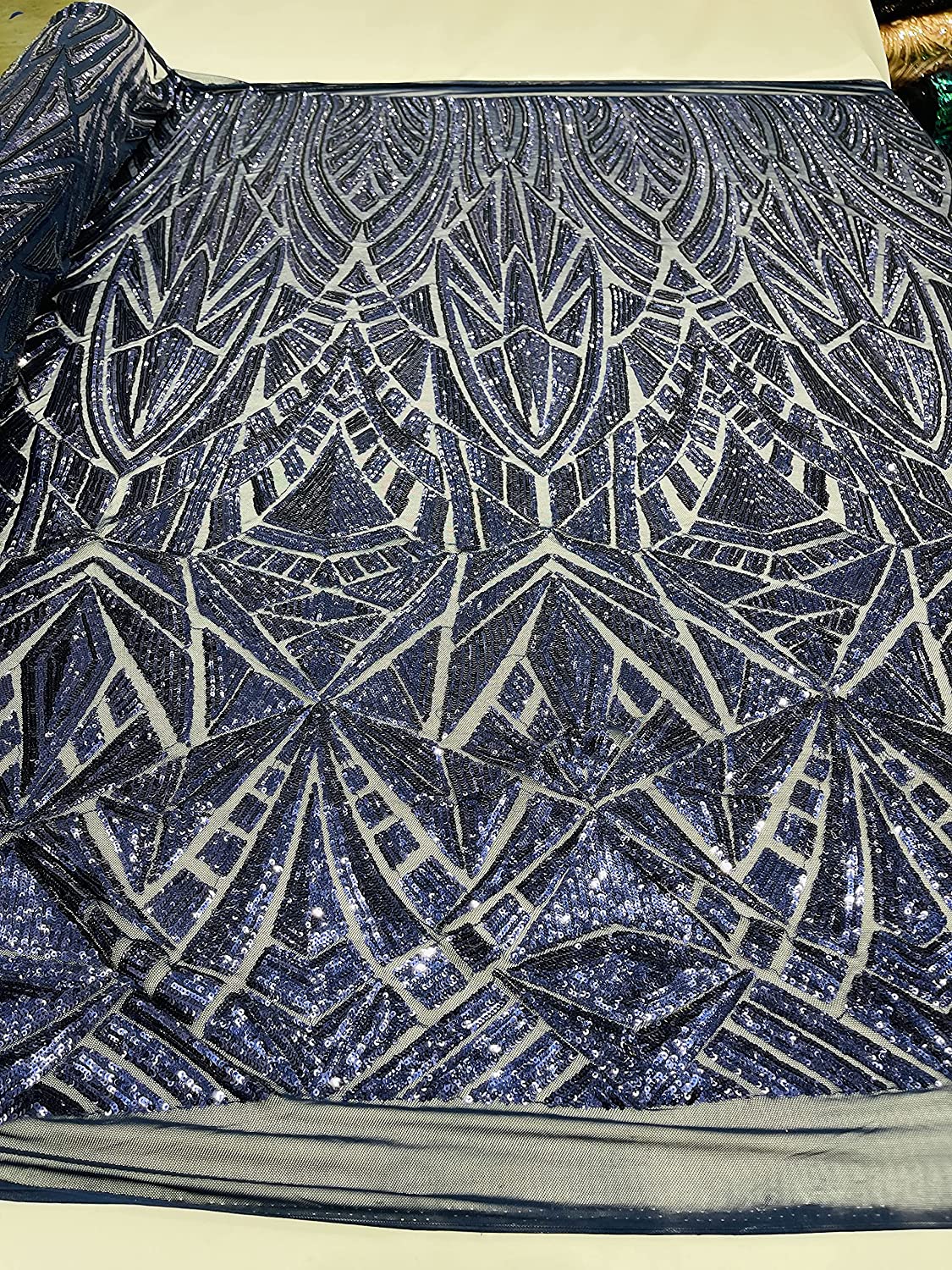 54" Wide Geometric Shiny Sequin Design on A 4 Way Stretch Mesh Fabric (1 Yard, Navy Blue)