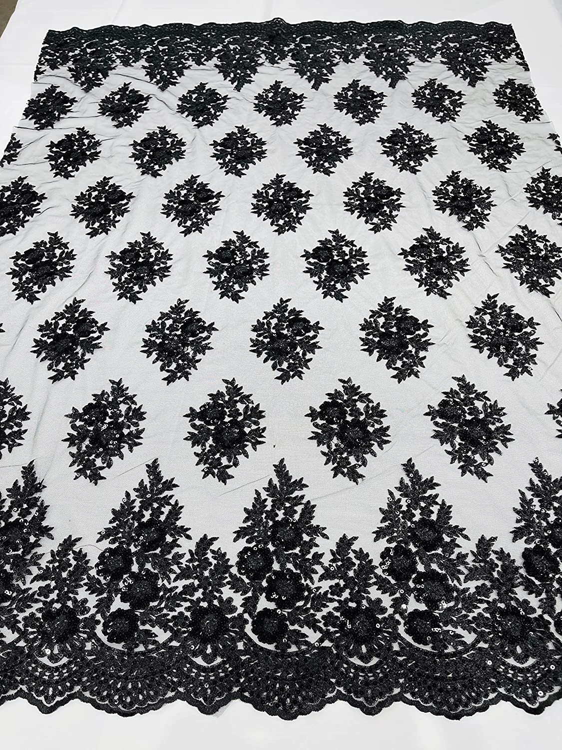 Emma Design Floral Corded Embroider with Sequins, Solid and with Glitter Mesh Lace Fabric (1 Yard, Solid Mesh Black)