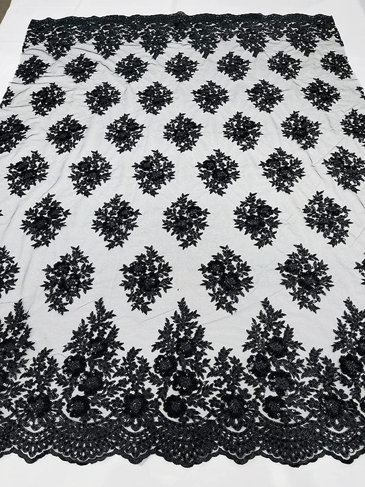 Emma Design Floral Corded Embroider with Sequins, Solid and with Glitter Mesh Lace Fabric (1 Yard, Solid Mesh Black)