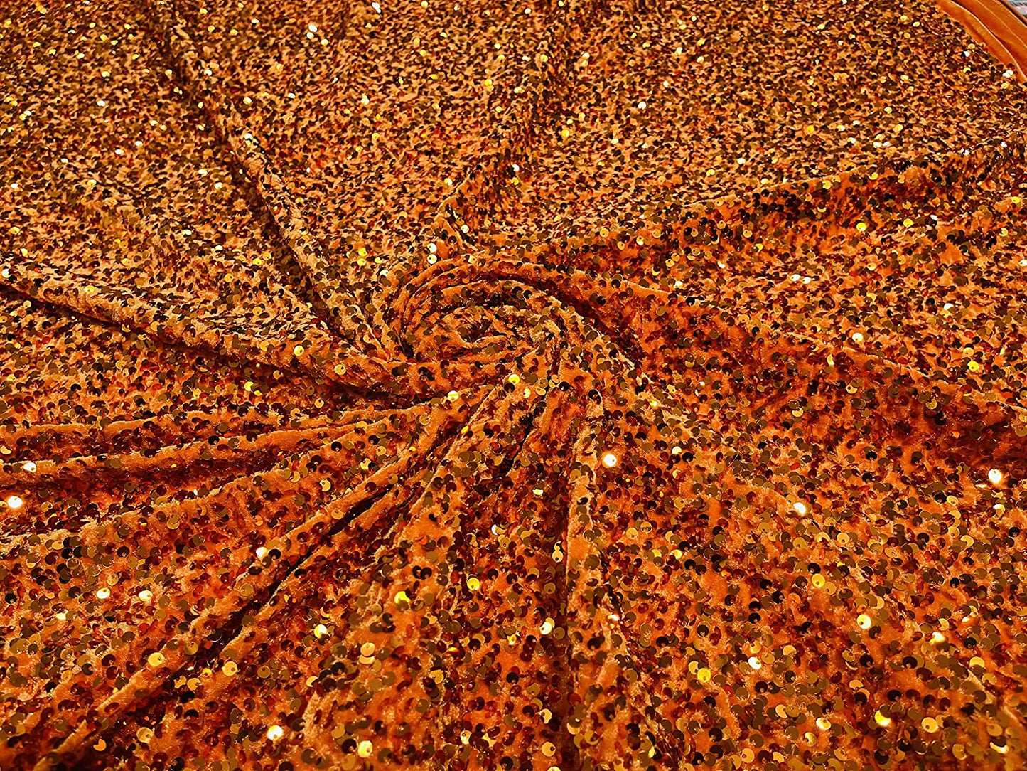 Shiny 5mm Sequin On A 2 Way Stretch Velvet (1 Yard, Burnt Orange)