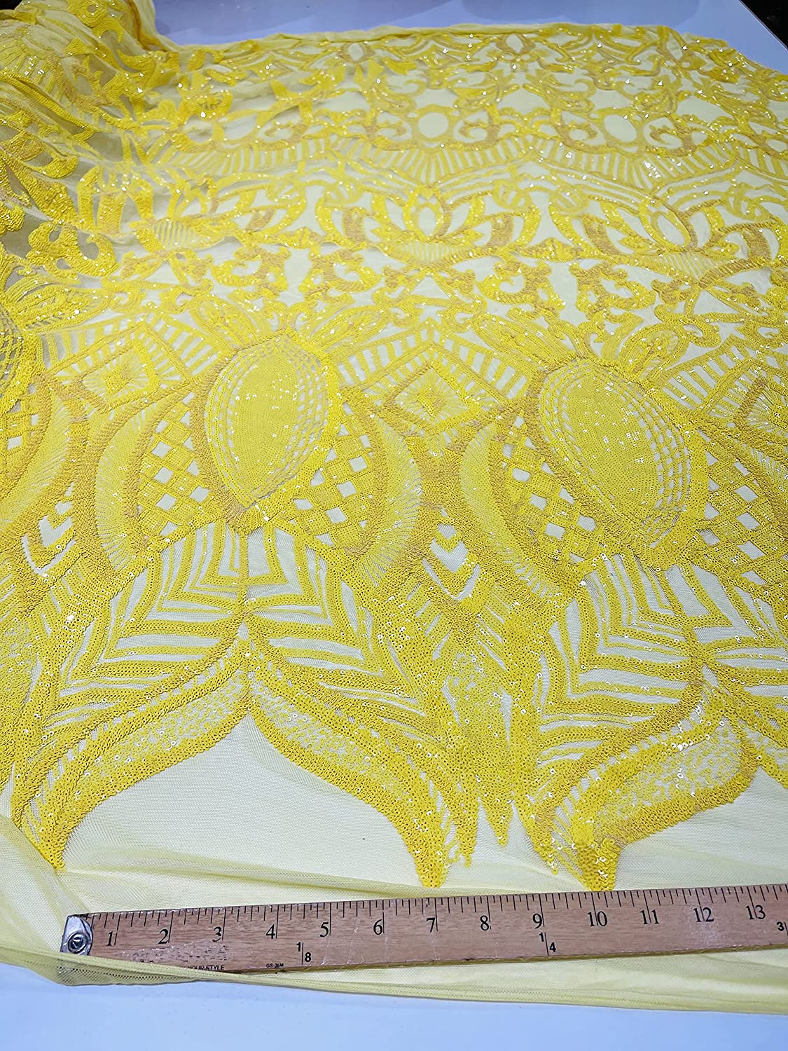 Iridescent Royalty Design On A 4 Way Stretch Mesh/Prom Fabric (1 Yard, Bright Yellow on Yellow Mesh)