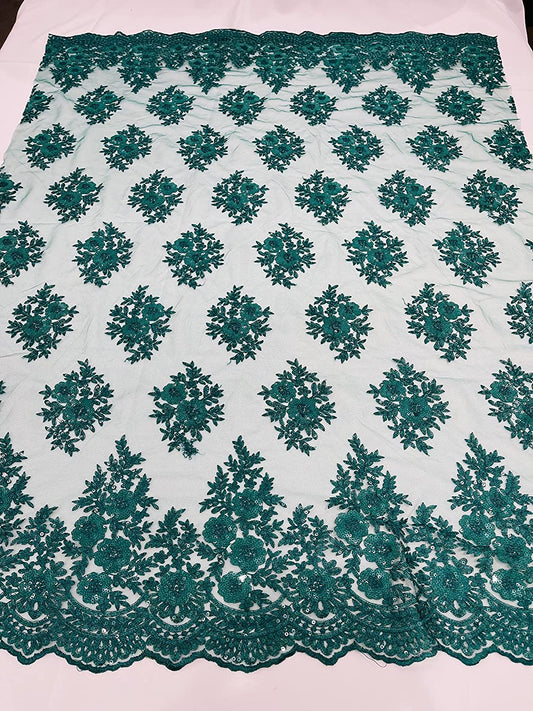 Emma Design Floral Corded Embroider with Sequins, Solid and with Glitter Mesh Lace Fabric (1 Yard, Solid Mesh Jade)