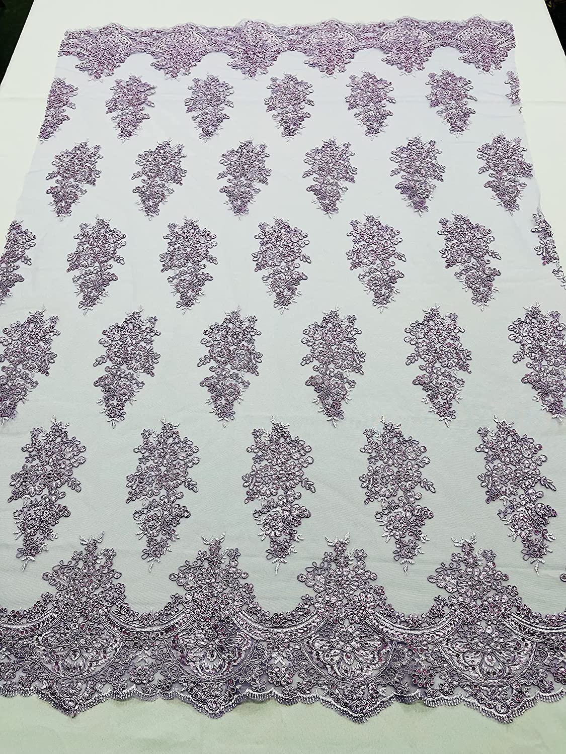 52/58" Wide Lexxi Embroidered with Clear Sequins On A Mesh Lace Fabric, Prom Fabric by The Yard (1 Yard, Lavender)