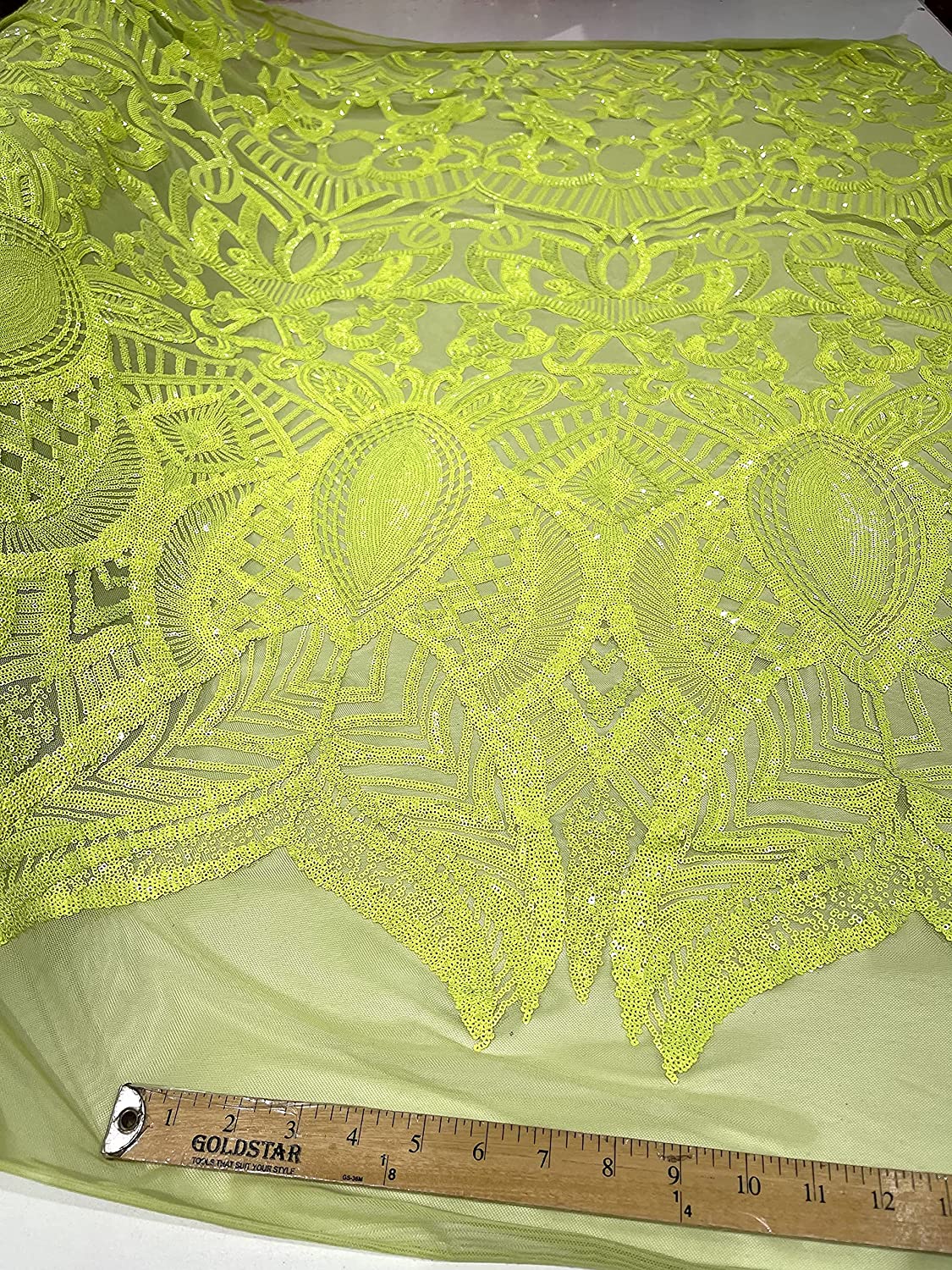 Iridescent Royalty Design On A 4 Way Stretch Mesh/Prom Fabric (1 Yard, Neon Green on Green Mesh)
