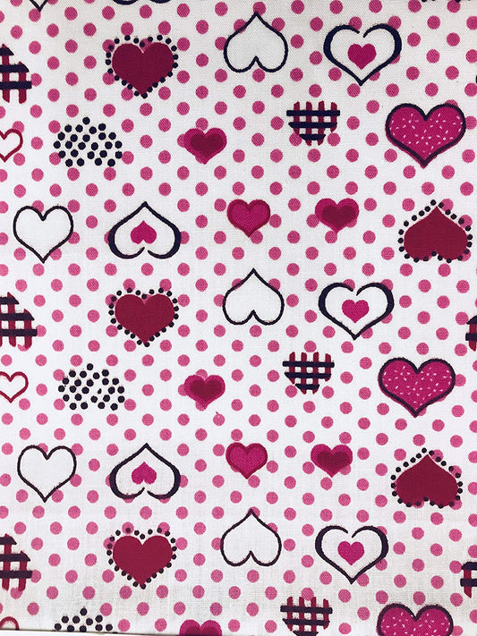 Heart Shapes and Dots Print Poly Cotton Fabric, Sells by The Yard, White/Red
