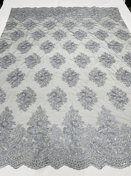 Emma Design Floral Corded Embroider with Sequins, Solid and with Glitter Mesh Lace Fabric (1 Yard, Glitter Mesh Grey on Black Mesh)