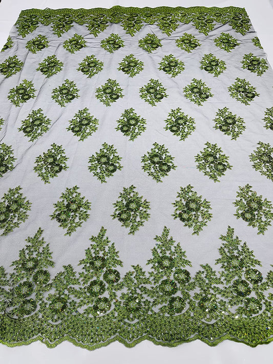 Emma Design Floral Corded Embroider with Sequins, Solid and with Glitter Mesh Lace Fabric (1 Yard, Glitter Mesh Lime on Black Mesh)