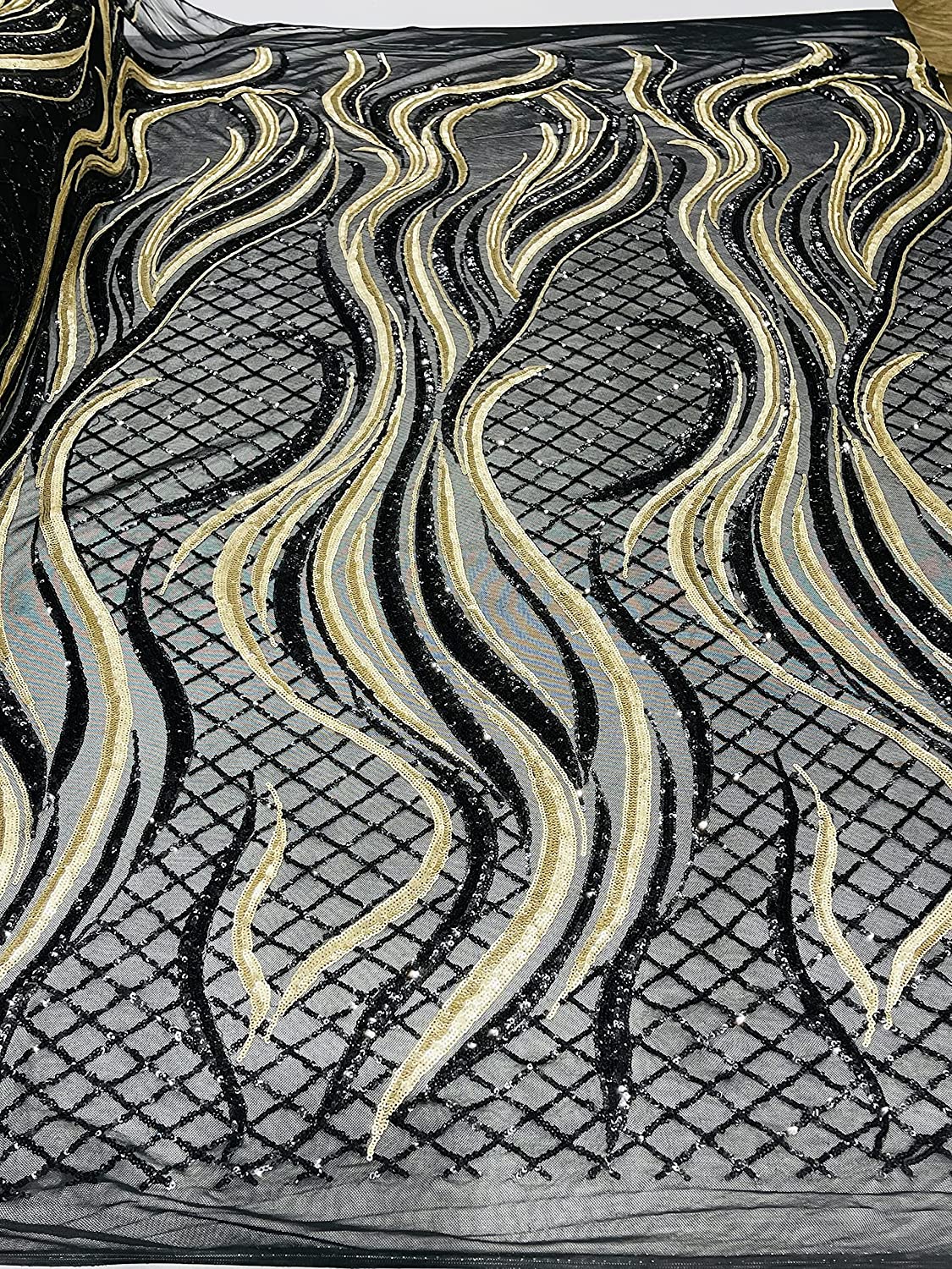 Sequin Flame Design On A 4 Way Stretch Mesh Fabric by The Yard (1 Yard, Black/Matte Gold)