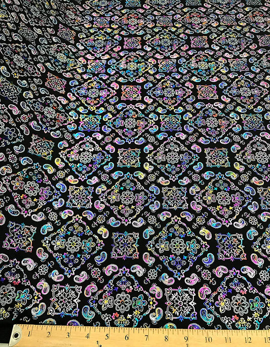Spandex Bandana Print on 4 Way Stretch Fabric (Multi Color on Black, 1 Yard)
