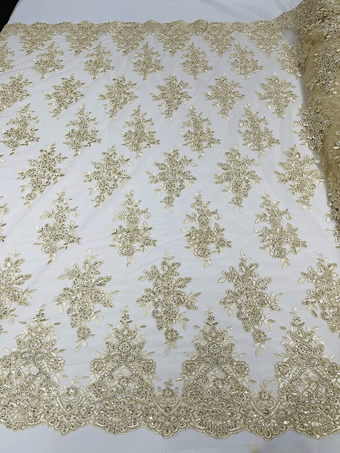 50" Wide Floral Design Embroidery On A Mesh Lace with Sequins and Cord Fabric (1 Yard, Beige)