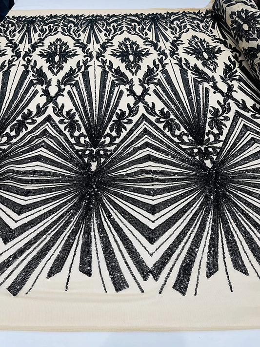 Diamond Damask Design On A Nude 4 Way Stretch Mesh/Prom Fabric (1 Yard, Black)