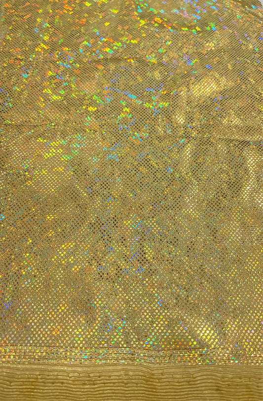 Shattered Glass Foil Iridescent Hologram Dancewear 4 Way Stretch Spandex Nylon Tricot Fabric (1 Yard, Gold on Gold)