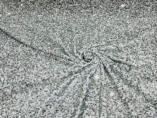 Shiny 5mm Sequin On A 2 Way Stretch Velvet (1 Yard, Silver/White)
