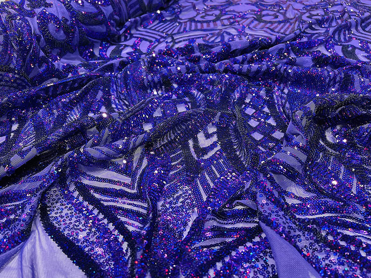 Iridescent Royalty Design On A 4 Way Stretch Mesh/Prom Fabric (1 Yard, Royal Blue on Blue Mesh)