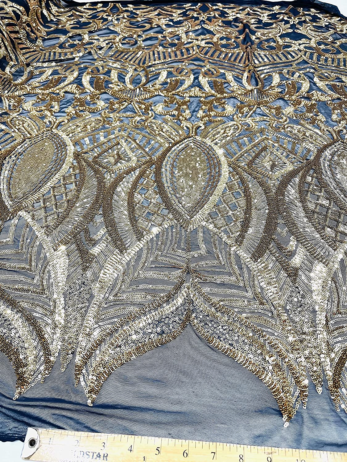 Iridescent Royalty Design On A 4 Way Stretch Mesh/Prom Fabric (1 Yard, Gold on Navy Blue Mesh)