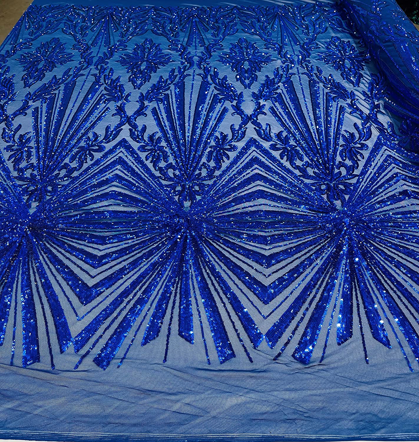 Diamond Damask Design On A Nude 4 Way Stretch Mesh/Prom Fabric (1 Yard, Royal Blue)