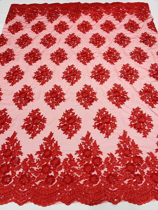 Emma Design Floral Corded Embroider with Sequins, Solid and with Glitter Mesh Lace Fabric (1 Yard, Solid Mesh Red)