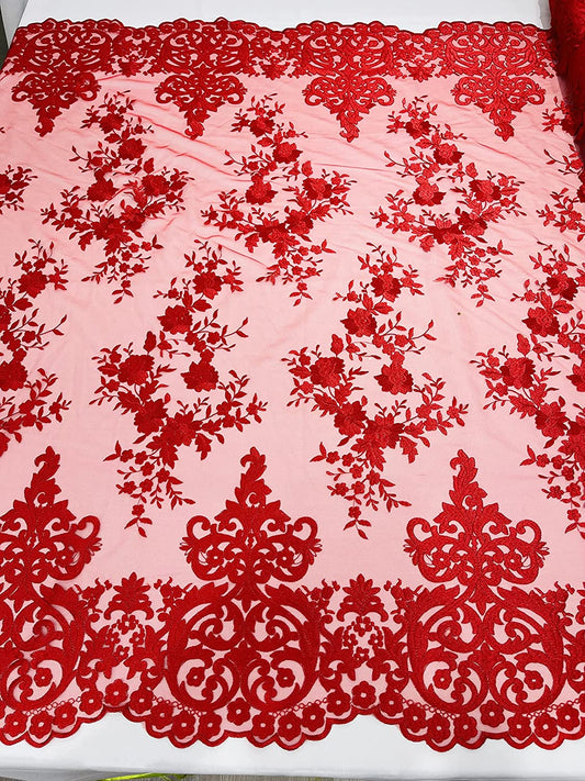54" Wide Elegant Flower Damask Flat Lace Embroidery On A Mesh (1 Yard, Red)