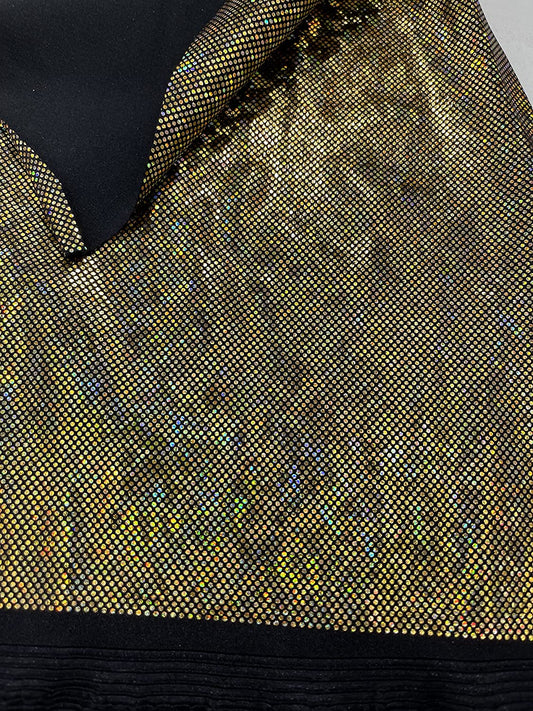 Shattered Glass Foil Iridescent Hologram Dancewear 4 Way Stretch Spandex Nylon Tricot Fabric (1 Yard, Gold on Black)