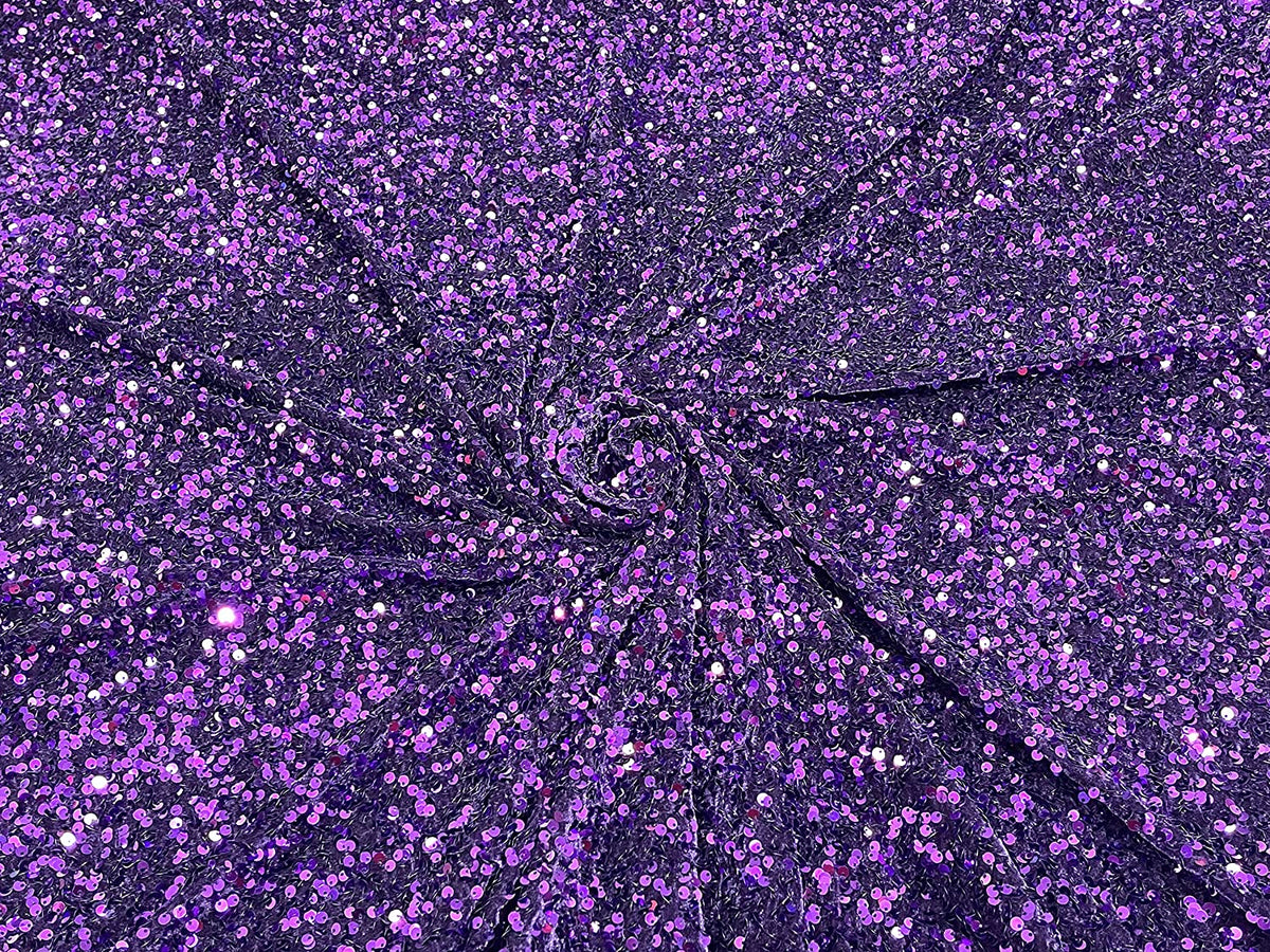 Shiny 5mm Sequin On A 2 Way Stretch Velvet (1 Yard, Purple)