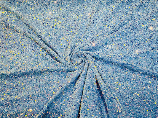 Shiny 5mm Sequin On A 2 Way Stretch Velvet (1 Yard, Clear Iridescent/Light Blue)