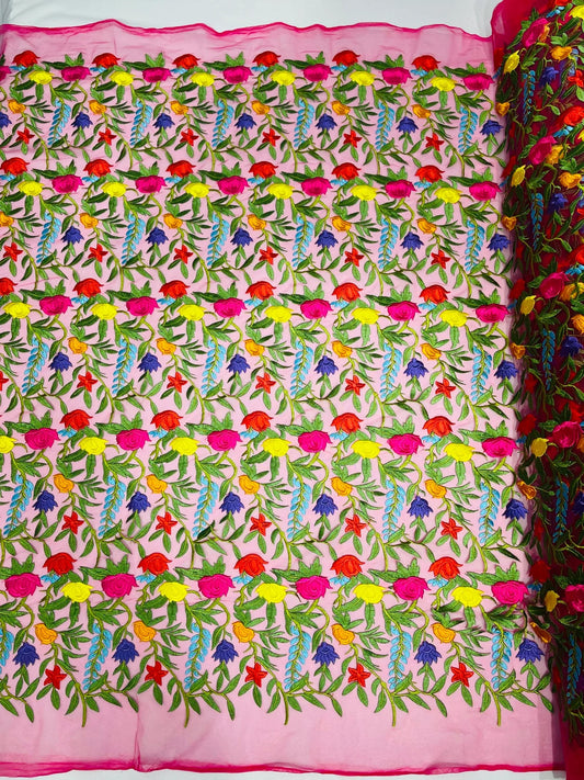 Multi Color Mexican Sarape Floral Design Embroider on a Fuchsia Mesh Lace-Sold by the Yard.