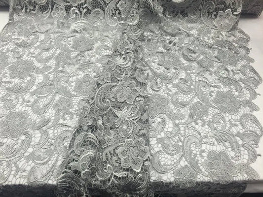 Facsinating gray light weight guipure design sold by the yard