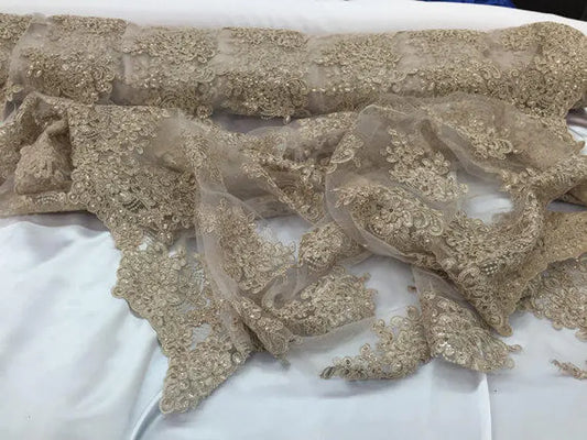 Taupe flower lace corded and embroider with sequins on a mesh. Wedding/bridal/prom/nightgown fabric sold by the yard