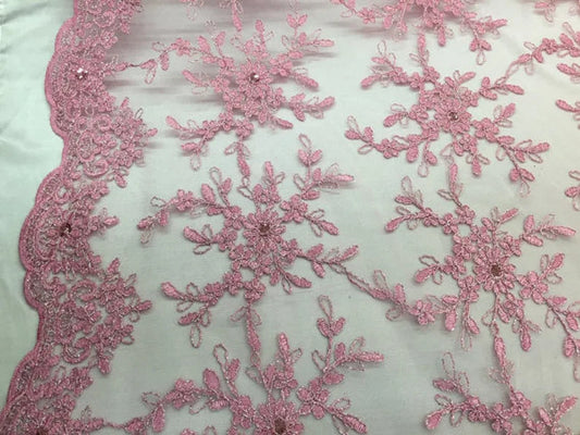 Dusty rose snowflake flower design embroider with sequins in a mesh lace. bridal/prom/nightgown fabric sold by the yard
