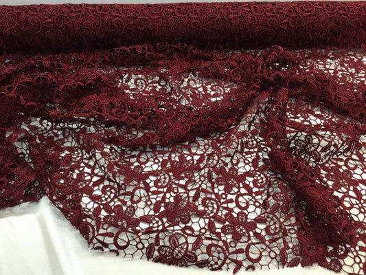 Burgundy paisley flower guipure, wedding/bridal/prom/nightgown fabric sold by the yard