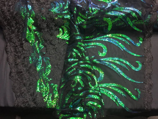Black green hologram flower girl Embroider With Sequins On a Mesh Lace-prom-nightgown-decorations-dresses-sold by the yard