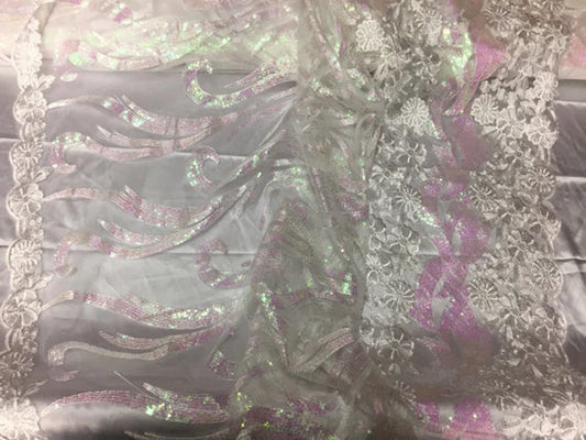 White hologram flower girl Embroider With Sequins On A Mesh Lace-prom-nightgown-decorations-dresses-sold by the yard
