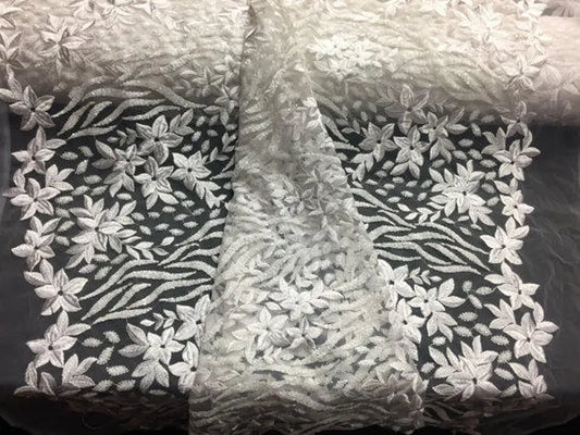 White Autumn dance flowers Embroider With Sequins On a Mesh Lace By The Yard