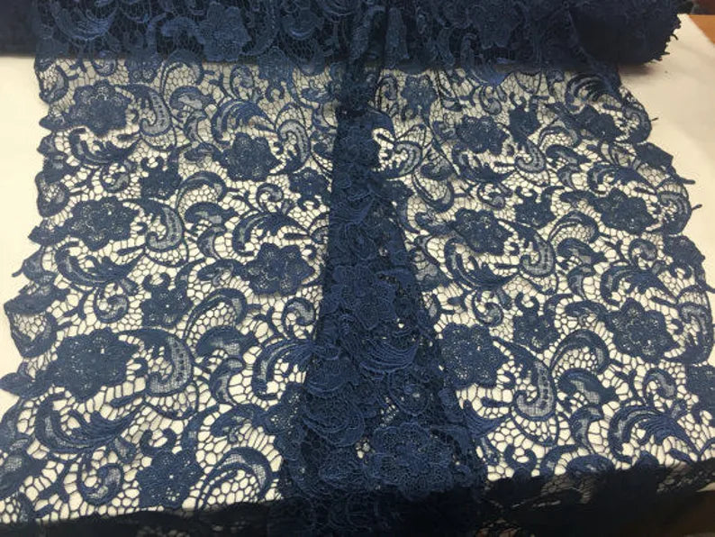 Fascinating navy blue light weight guipure design sold by the yard