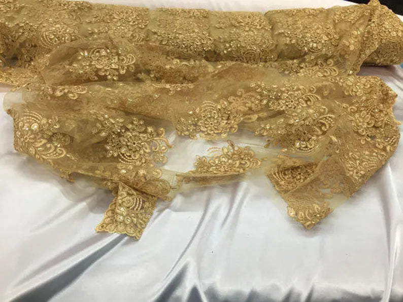 Gold flower lace corded and embroider with sequins on a mesh. Wedding/bridal/prom/nightgown fabric sold by the yard