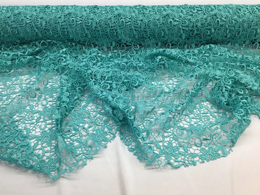 Aqua paisley flower guipure, wedding/bridal/prom/nightgown fabric sold by the yard