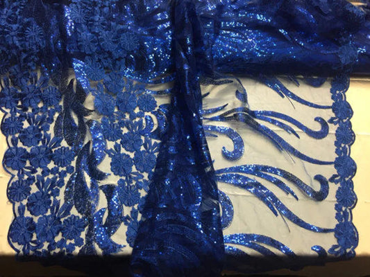 Royal Blue Flower Girl Embroider With Sequins On A Mesh-prom-nightgown-decorations-dresses-sold by the yard