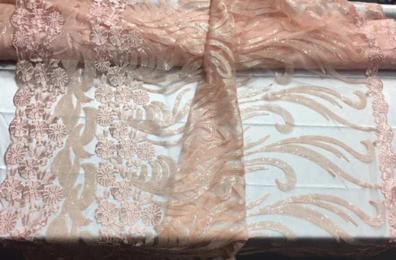 Peach Flower Girl Embroider With Sequins On A Mesh Lace-prom-nightgown-decorations-dresses-sold by the yard