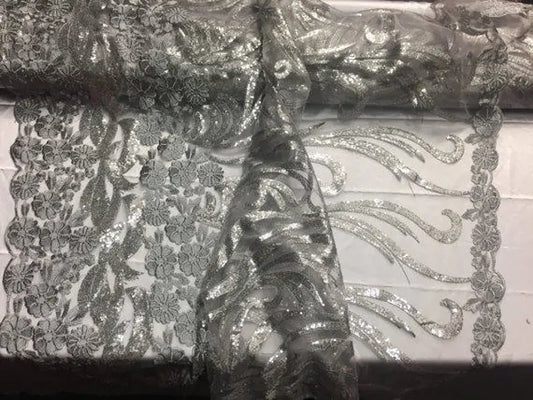 Gray flower girl Embroider With Sequins On a Mesh Lace-prom-nightgown-decorations-dresses-sold by the yard