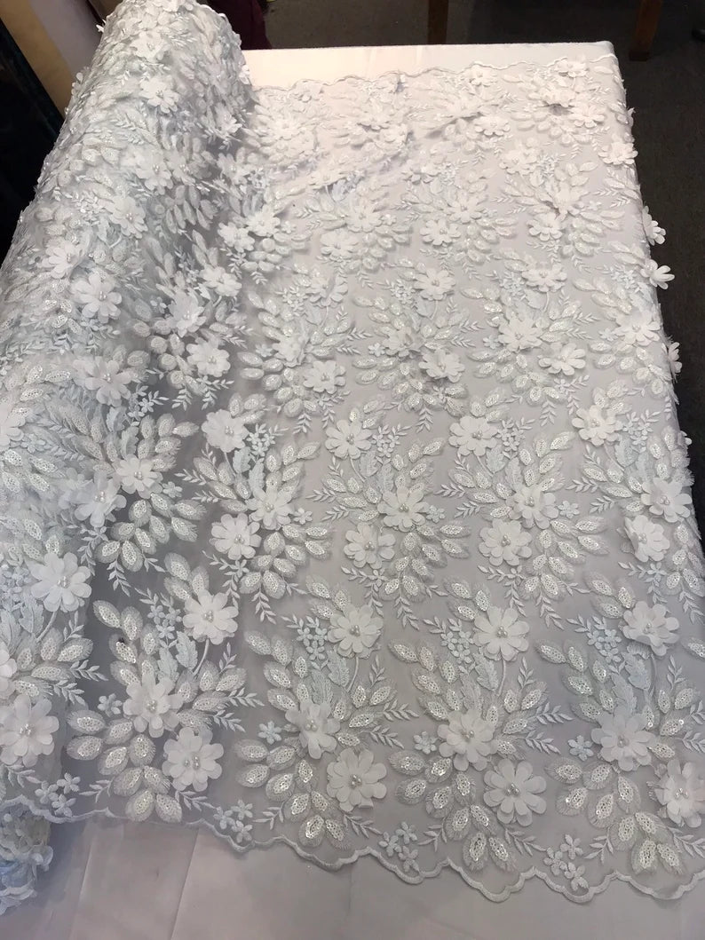 White 3d floral princess design embroidery with pearls and sequins on a mesh lace-dresses-apparel-prom-nightgown-fashion-sold by the yard.