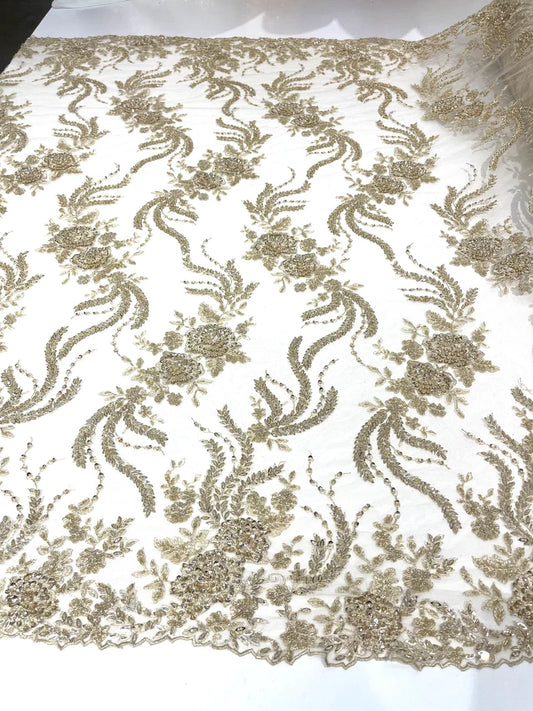 Light Gold flowers embroider and heavy beaded on a mesh lace fabric-sold by the yard.