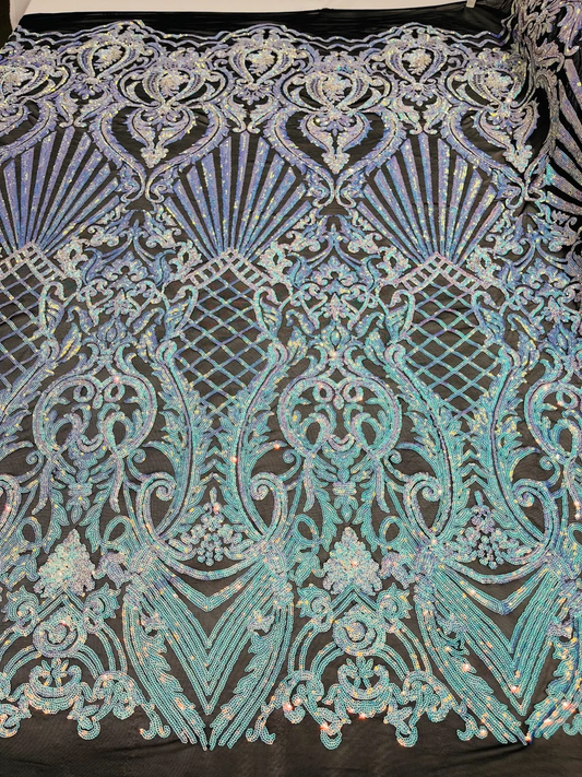 Damask Shiny Sequin Shell Design On a 4 Way Stretch Mesh Fabric -Prom-Sold By The Yard. Aqua Black Iridescent