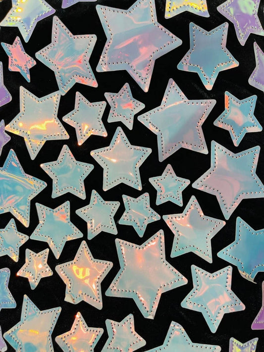 Iridescent sequin Stars On Black Stretch Velvet Fabric Sold By The Yard. Aqua