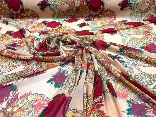 Dragon Design Red Roses on a Power Mesh 4-way Stretch 58"-Sold by Yard.